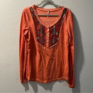 Free People Orange Long Sleeve Tee with Sequin Detail